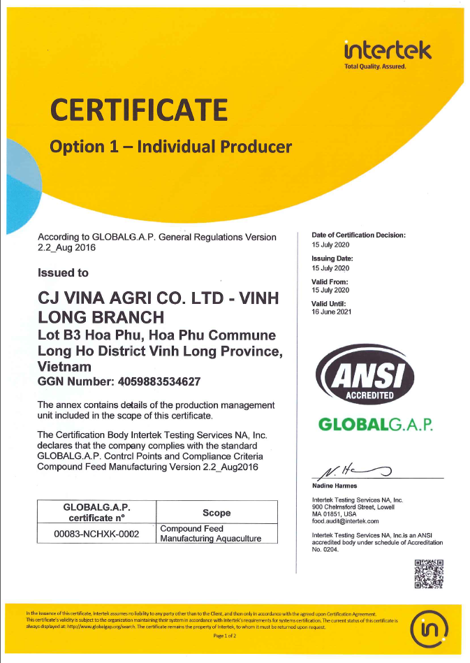 CJ Vina Agri - Vinh Long _ GLOBAL G.A.P Certificate