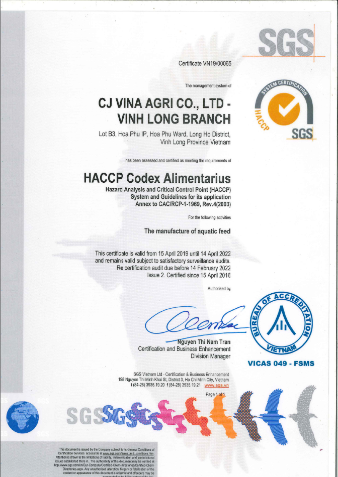 CJ Vina Agri - Vinh Long _ HACCP Codex Alimentarius Certificate