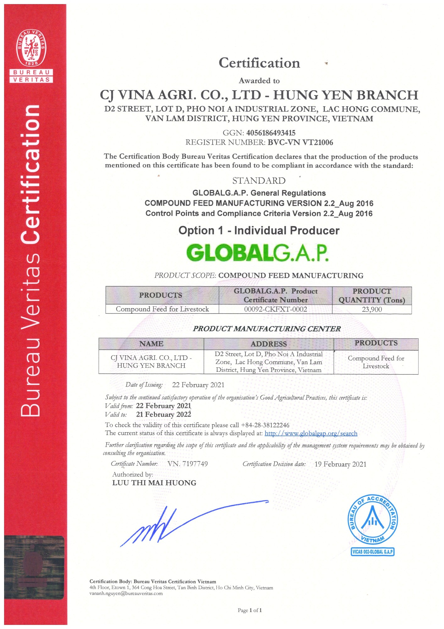 CJ Vina Agri - Hung Yen _ GLOBAL G.A.P Certificate