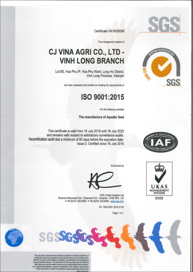 CJ Vina Agri - Vinh Long _ ISO 9001:2015 Certificate