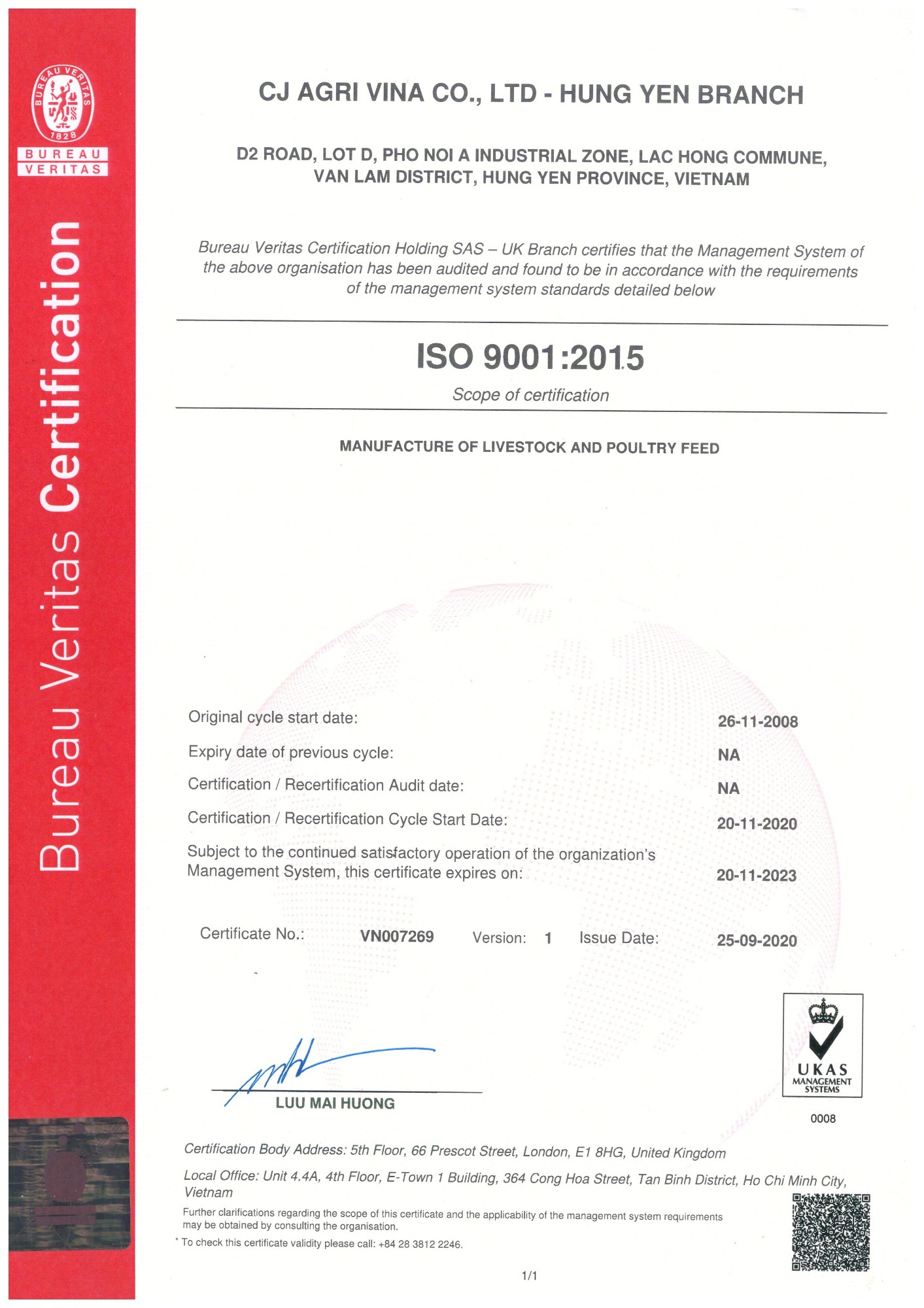 CJ Vina Agri - Hung Yen _ ISO 9001:2015 Certificate