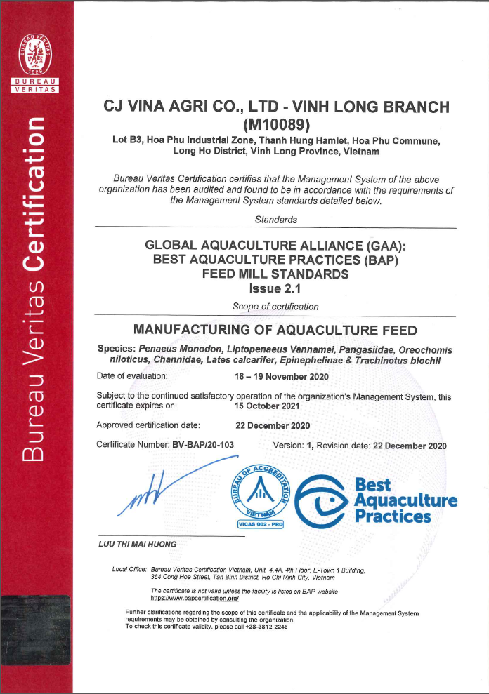 CJ Vina Agri - Vinh Long _ BEST AQUACULTURE PRACTICES Certificate